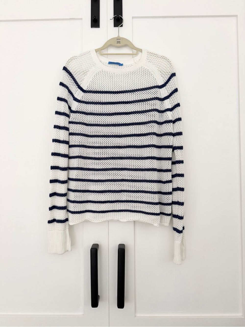 J.McLaughlin White Crewneck Sweater with Navy Stripes